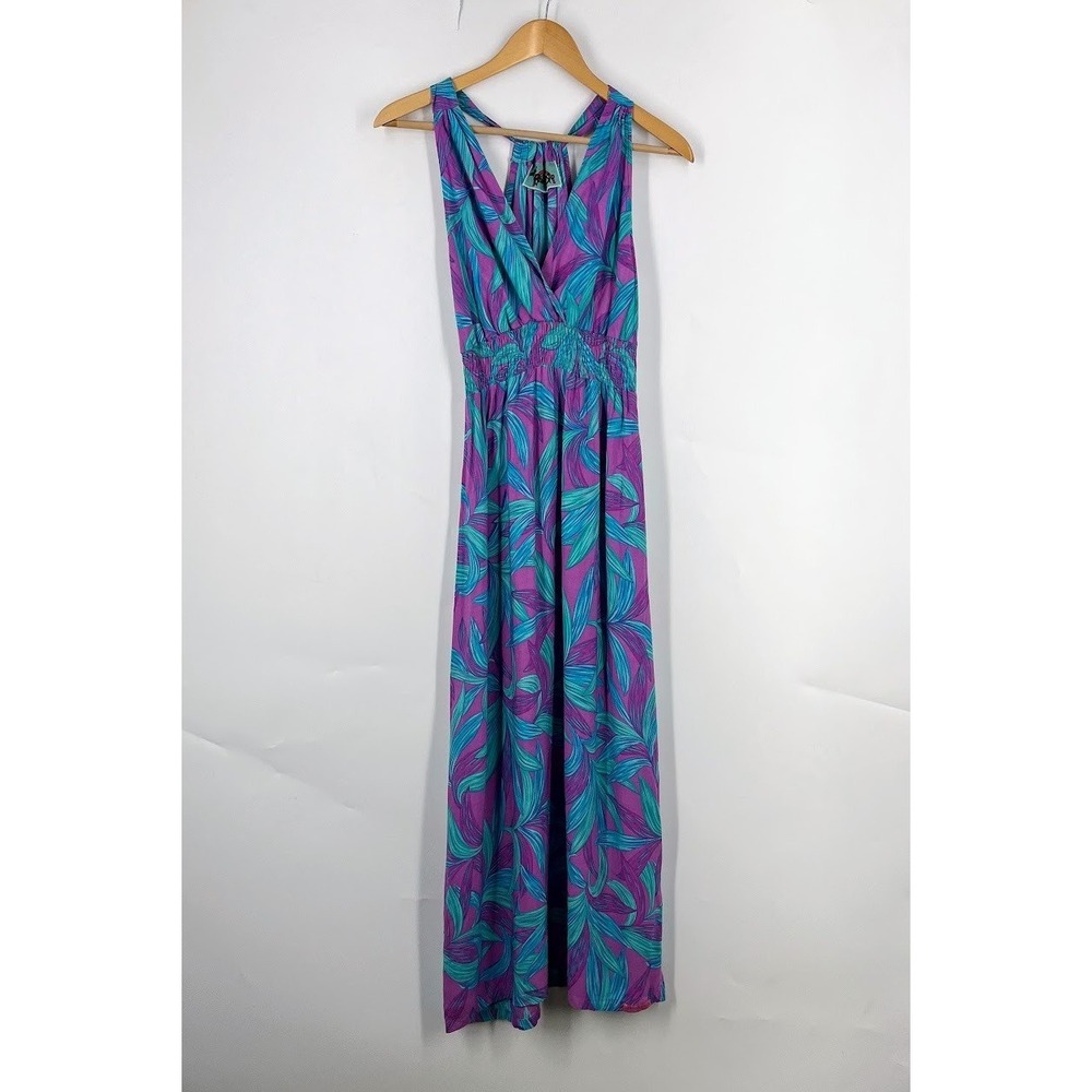 Rainbow Jo Womens Tropical Leaf Smocked Waist Maxi Dress Purple Teal Blue M